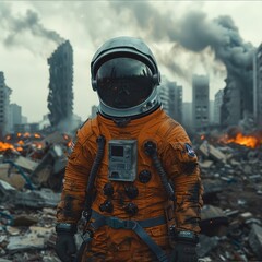 Poster - An astronaut in an orange suit, with orange helmet, motionless, In Ruined cityscape, with smoke and destruction.