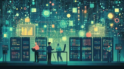 Poster - Big Data Ecosystem Integration, Illustrate big data ecosystem integration with an image showing data engineers integrating various data sources, such as databases, streams