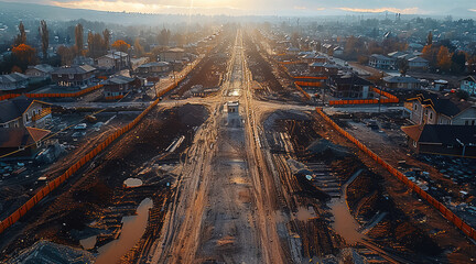 Poster - Landscape of a construction site with empty space in the middle. Aerial high view.