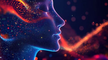 Aufkleber - Exploring the technology of AI voice deepfake represented through vibrant voice waves and abstract facial features in a digital landscape