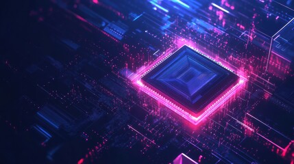 Fototapete - Digital AI chip is centrally featured against a dark blue background, highlighting the intricate connection to abstract technology and intelligence. Generative AI