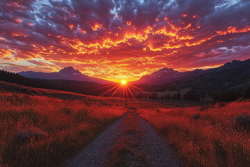 Wall Mural - Fiery Sunset Over Mountain Range And Grassy Path