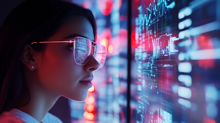 Poster - young woman interacts with digital displays showcasing data patterns in a futuristic environment