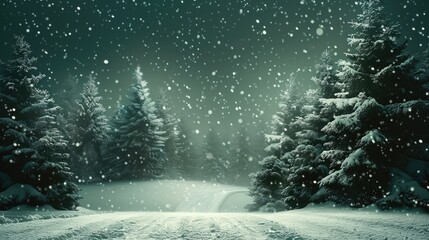 Aufkleber - Christmas snow and trees, with a deep green background.