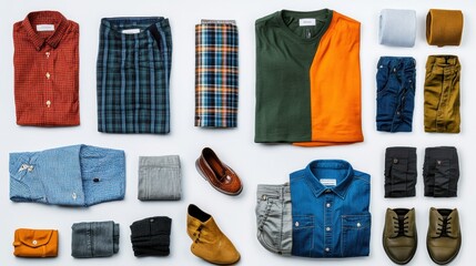 Aufkleber - Different clothing items such as shirts, pants, and accessories are arranged on a white background, providing space for creative text additions. Generative AI