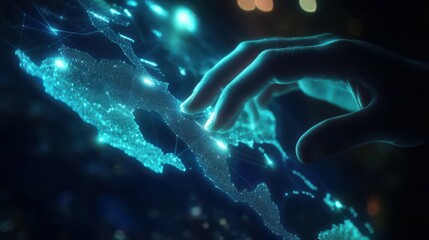 Poster - Hacker hand using glowing digital blue map on dark background. Global connection network and interface concept.