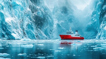 Aufkleber - A red icebreaker ship traverses icy waters surrounded by towering glaciers, showcasing its strength in the polar landscape. Generative AI