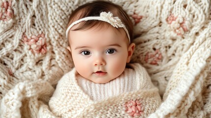 A sweet baby girl with big, brown eyes looks up at the camera.