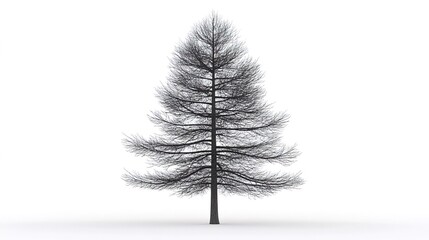 A single, leafless coniferous tree, rendered in grayscale against a stark white background. Generative ai