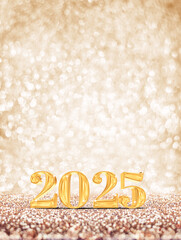 Poster - happy new year 2025 gold color on gold glitter background holiday celebraton,3d rendering