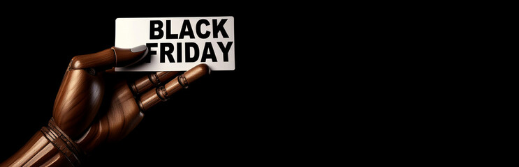 Aufkleber - Extreme close-up of a wooden hand (ebony wood mannequin hand) holding a Black Friday sign, isolated on a black background with copy space. Generative Ai.