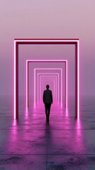 Poster - A person walks through glowing pink arches in a surreal, misty landscape, AI