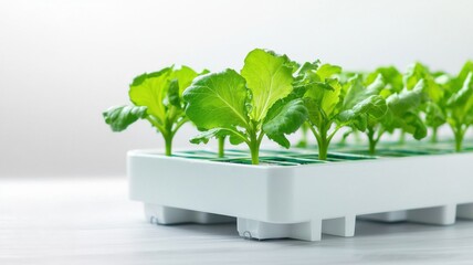 Fresh green seedlings growing in a white tray for hydroponics.