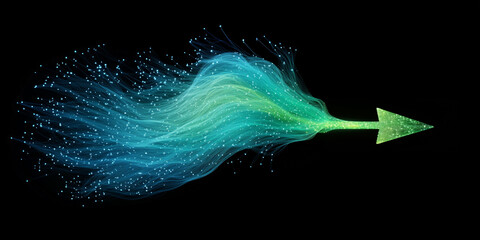 Wall Mural - A glowing green digital arrow with flowing data streams and sparkling dots, symbolizing futuristic innovation and connectivity on a black background