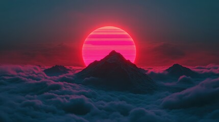 Wall Mural - neon sunset over mountain silhouette in fog
