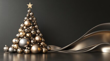 Golden and silver Christmas tree made of shiny spherical ornaments with a star on top, standing against a dark background with metallic flowing textures.