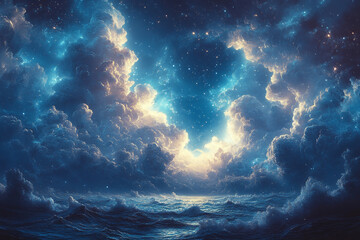 Wall Mural - Celestial Cloudscape Over a Starlit Ocean