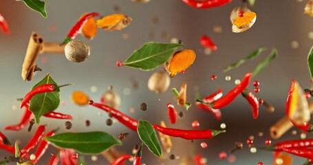 Poster - Super Slow Motion of Flying and Rotating Spices Mix. Filmed on High Speed Cinema Camera, 1000 fps. Speed Ramp Effect.