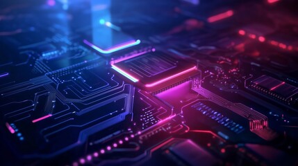 Poster - vibrant close-up of a microchip circuit board illuminated by colorful neon lights at night