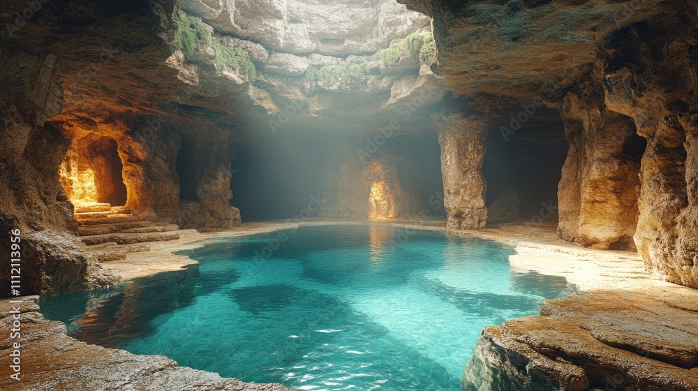 Mystical underground cave with a serene pool of turquoise water ...