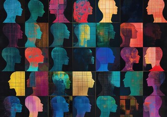 Poster - Abstract Colorful Portraits of Silhouetted Faces on a Dark Background for Creative and Artistic Concepts in Design and Illustration
