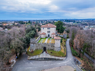 Wall Mural - Ancient Castle and Sanctuary of the Missionary Madonna. Tricesimo seen from above.