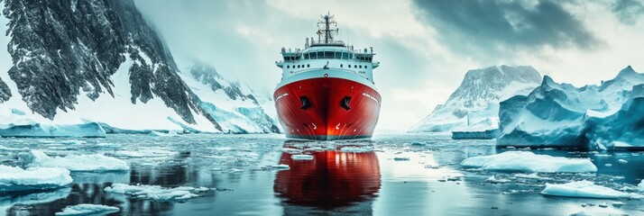 Aufkleber - The red icebreaker ship cuts through icy polar waters, surrounded by towering glaciers under a dramatic sky. Generative AI