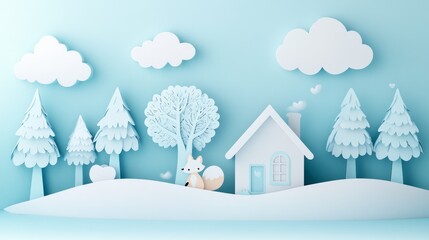 3D, Cute paper-cut style, with white clouds in the sky, trees on both sides of snow-covered hills, a small house with an arctic fox sitting outside the window, a simple background color,