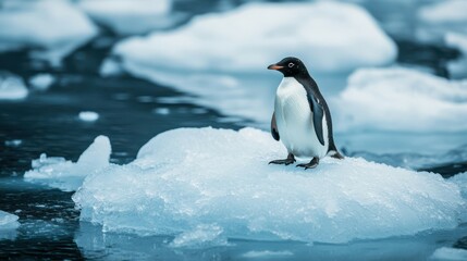 Wall Mural - Penguin standing on melting ice in Arctic Ocean representing global warming and climate change