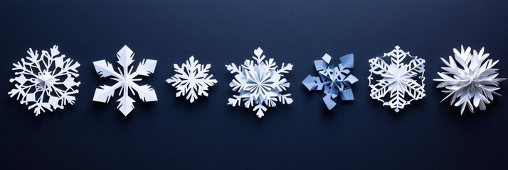 Aufkleber - Delicate handcrafted paper snowflakes are neatly displayed on a dark surface, providing ample blank space for text or design ideas. Generative AI