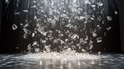 Wall Mural - Shattered glass falling in dark room.