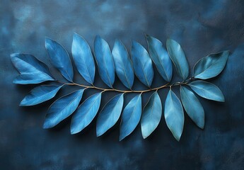 Poster - Beautiful Blue Leaves Arrangement on a Dark Textured Background, Perfect for Nature-Themed Designs and Elegant Prints in Home Decor Projects