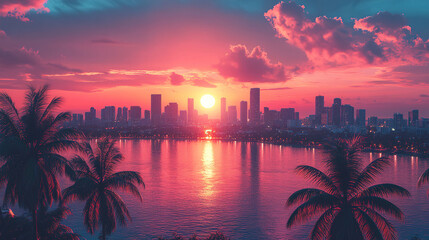 Vibrant sunset over a city skyline reflecting on the water with palm trees in the foreground. Generative AI