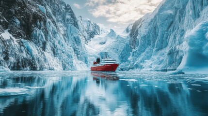 Aufkleber - A red icebreaker ship journeys through the frozen waters, surrounded by majestic glaciers under a cloudy sky, showcasing an adventurous spirit. Generative AI