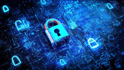 Poster - A digital padlock symbolizes data security on a blue circuit board background.