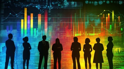 Poster - Silhouettes of people standing in front of digital charts and graphs, representing data analysis and technology.
