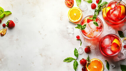 Wall Mural - Cold white, pink and red sangria cocktails with fresh fruits, berries and mint.