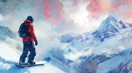 Canvas Print - Snowboarder and Alps landscape . Mixed media