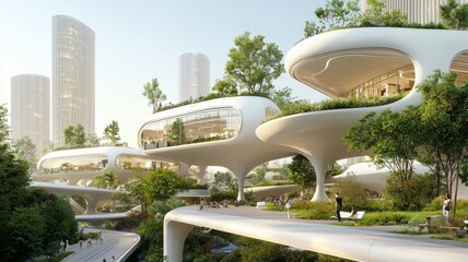 Poster - Futuristic urban landscape with organic architecture and integrated greenery.