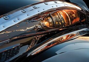 Poster - Close-Up View of a Shiny Motorcycle Engine Featuring Bright Chrome Accents and Intricate Design Elements Under Soft Lighting Conditions