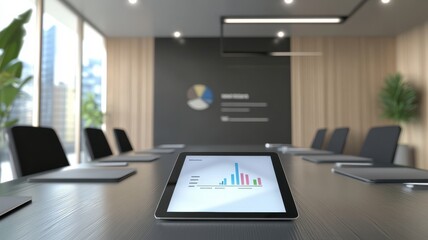 Poster - Modern conference room with tablet displaying data analytics on the table.