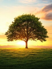 Fototapete - A solitary tree rises in a vast field as the sun sets, casting warm colors across the sky, providing a serene atmosphere with copy space. Generative AI