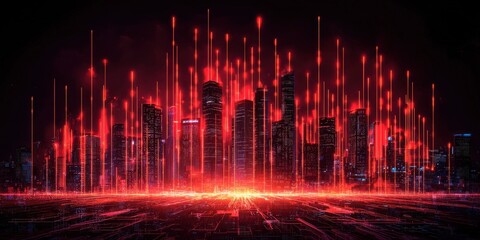 Poster - Vibrant digital skyline with red light beams illuminating a futuristic cityscape.