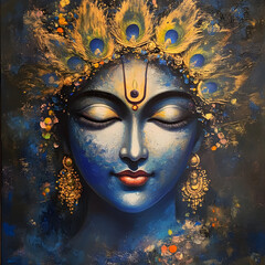 Wall Mural - Serene Goddess Face with Peacock Feathers, Vibrant Blue and Gold, Spiritual Artwork