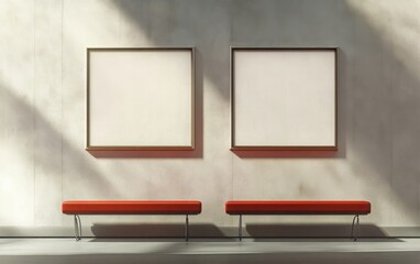 A 3D visualization of two blank picture frames on a white wall in an art gallery, complemented by a red bench and industrial design elements, featuring neutral colors and a minimalist