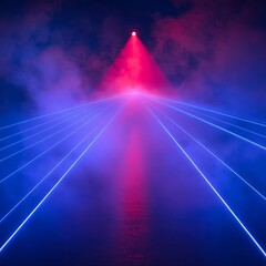 Poster - Red laser light beam effect isolated on transparent background. Vector blue neon line abstract design. Lazer show with sparkle and smoke presentation pointer. Led broadway entertainment illustration