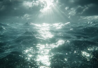 Aufkleber - Dramatic Ocean Waves Under Dark Clouds With Rays of Light Breaking Through the Sky, Capturing the Beauty and Power of Nature's Elements in a Serene Yet Intense Setting