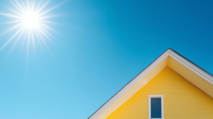 Wall Mural - bright sun shining over a yellow house against a clear blue sky on a sunny day