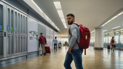 traveler using a locker system in a contemporary train station or airport terminal