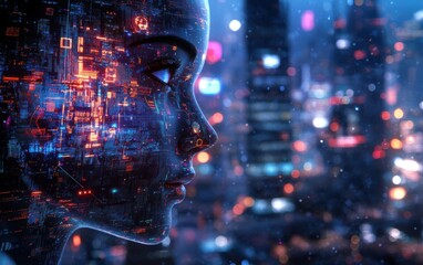 Poster - Futuristic Female Face with Neon Circuitry Set Against a Vibrant Cityscape at Night, Merging Humanity with Technology in a Sci-Fi Aesthetic
